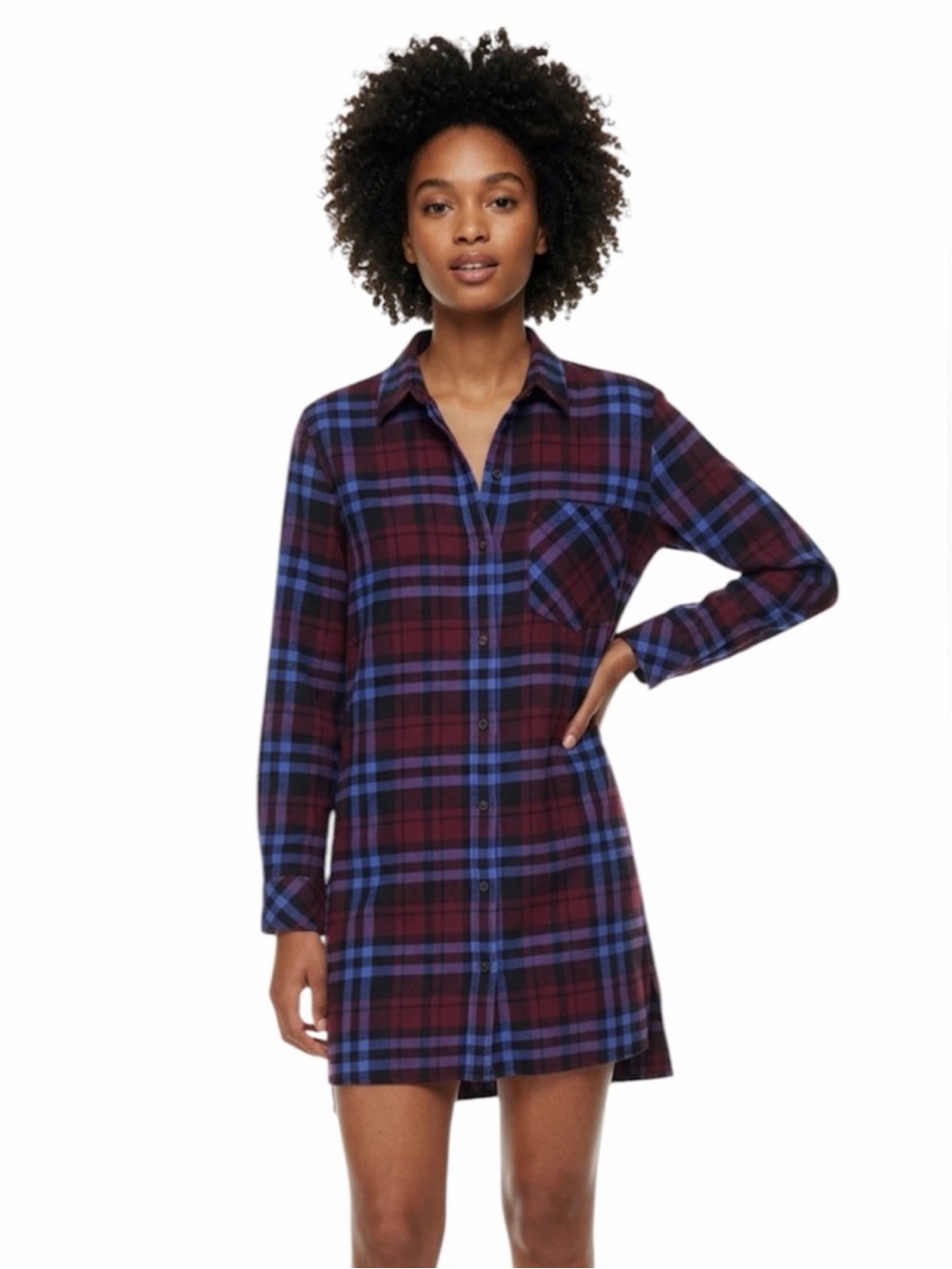 Aritzia ($98) TNA Golden Maroon & Blue Plaid Shirt Dress - PTP 22